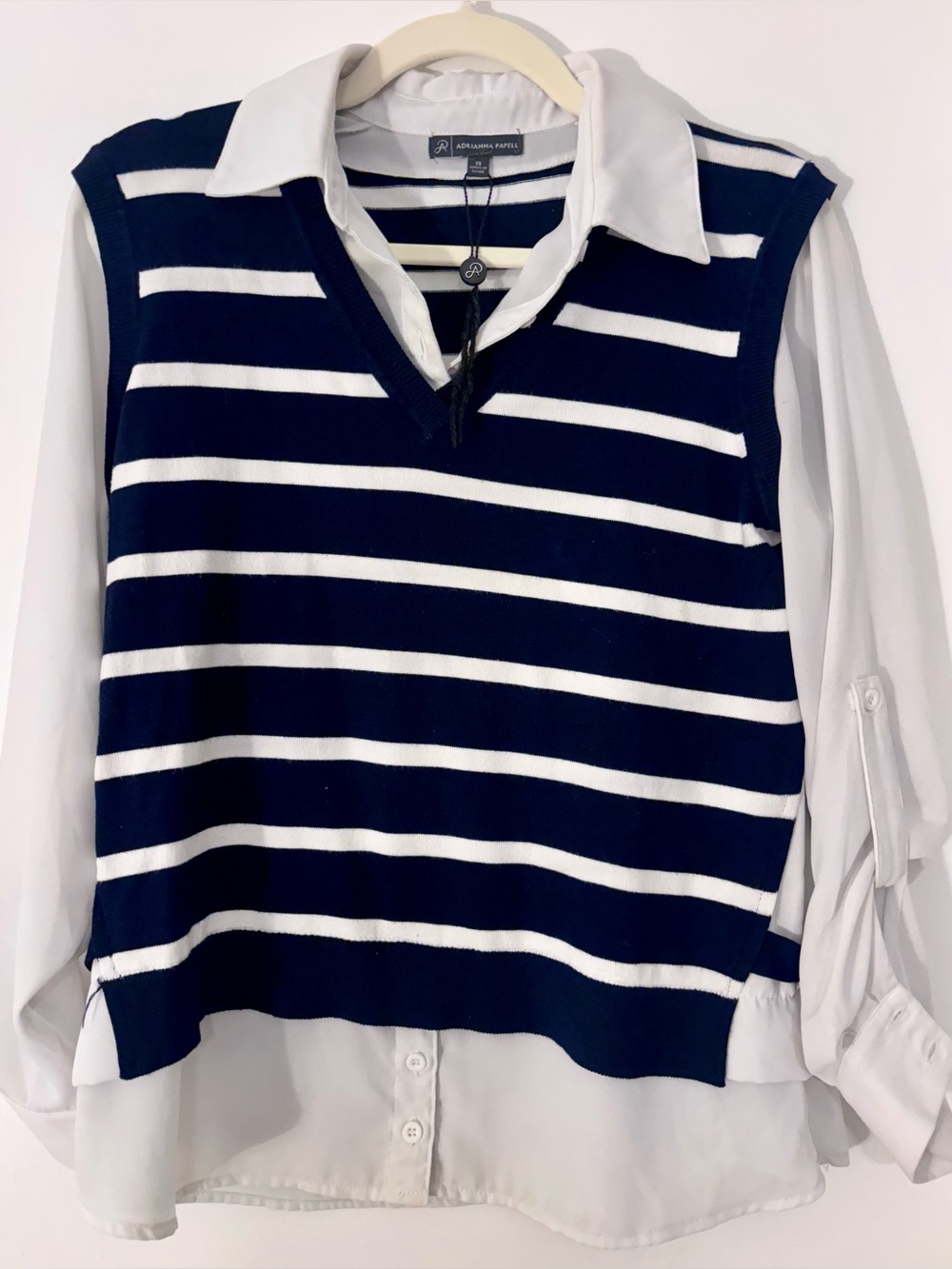 Adrianna Papell Navy & White Striped V‑Neck Sweater Vest